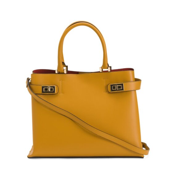 CHEVAL Senape Made In Italy Leather Satchel With Double Side Buckles Closure